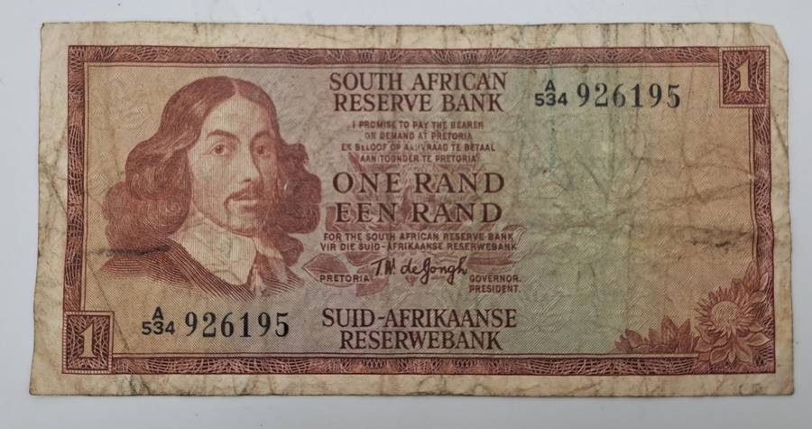1966 TW de Jongh South Africa 1 Rand- R1 -English -Afrikaans - Prefix A534 -Bank Note