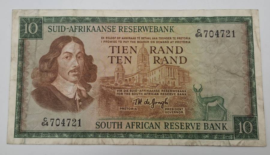 1966 TW de Jongh South Africa 10 Rand- R10 -Afrikaans-English - Prefix C64 -Bank Note