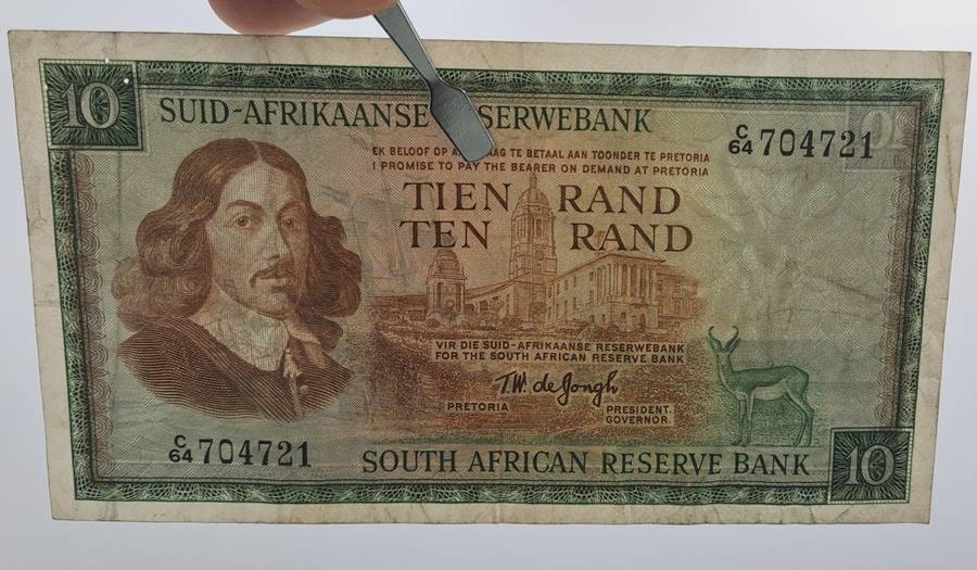 1966 TW de Jongh South Africa 10 Rand- R10 -Afrikaans-English - Prefix C64 -Bank Note