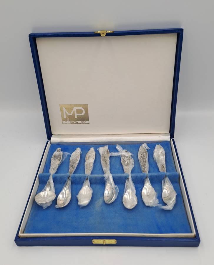 Vintage MP Prata 99 Silverplate Demitassee 7pc  Spoon Set-Boxed