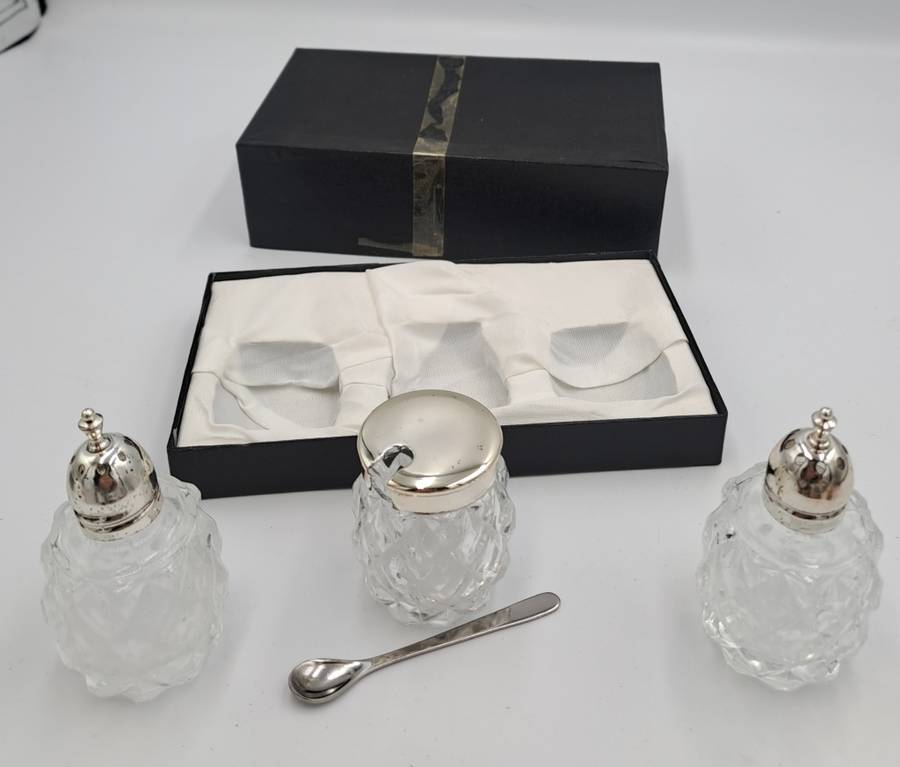 Vintage four Piece Glass and Silver Plate Condiment set- Salt -Pepper -Mustard set-Boxed