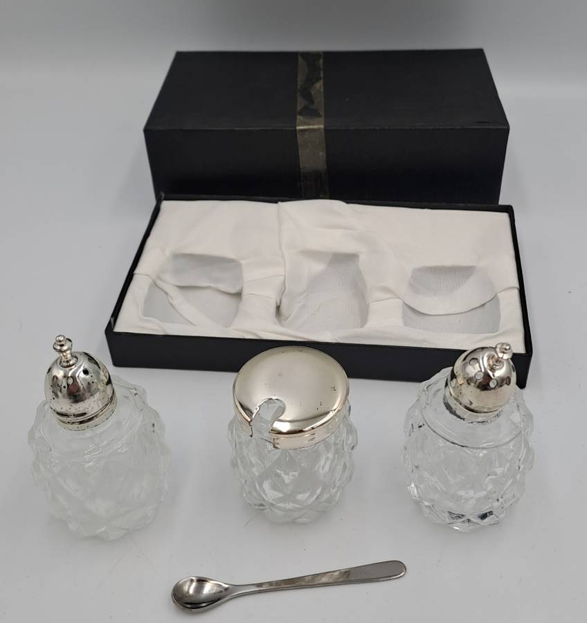 Vintage four Piece Glass and Silver Plate Condiment set- Salt -Pepper -Mustard set-Boxed