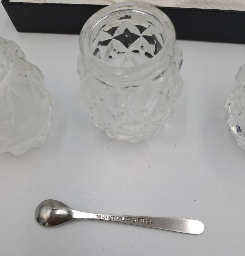 Vintage four Piece Glass and Silver Plate Condiment set- Salt -Pepper -Mustard set-Boxed