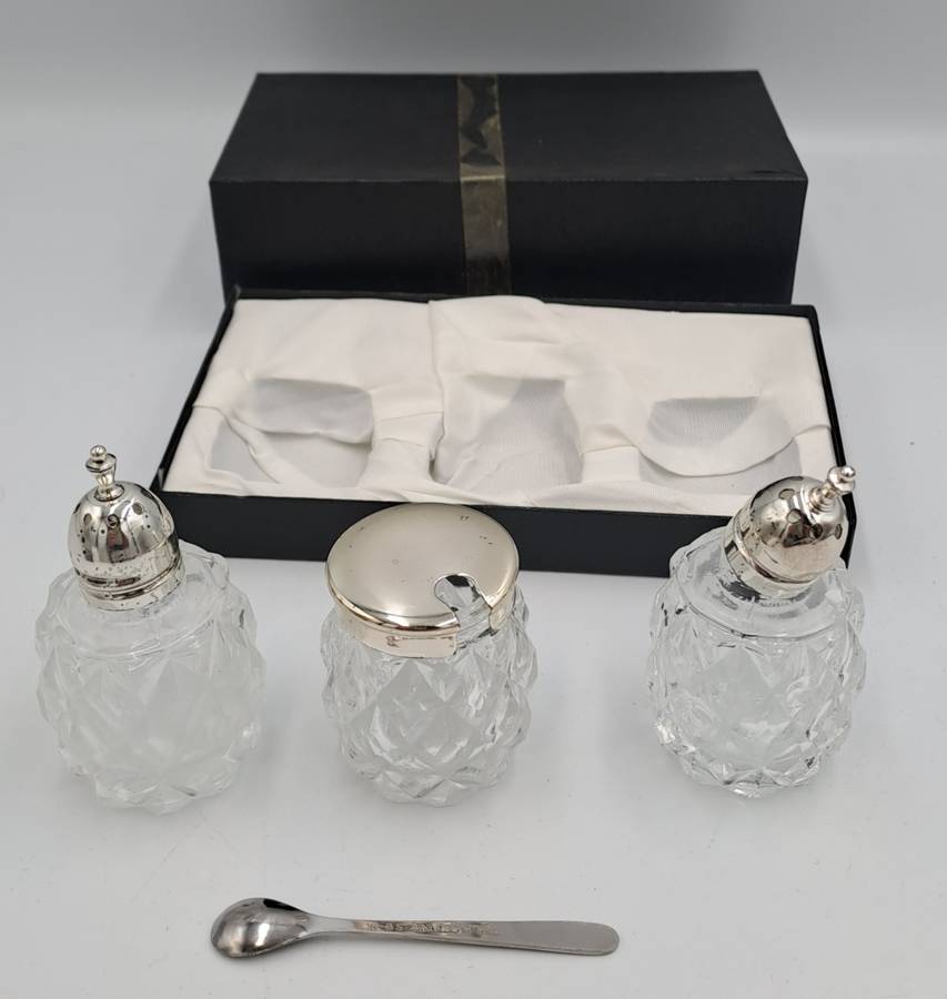 Vintage four Piece Glass and Silver Plate Condiment set- Salt -Pepper -Mustard set-Boxed