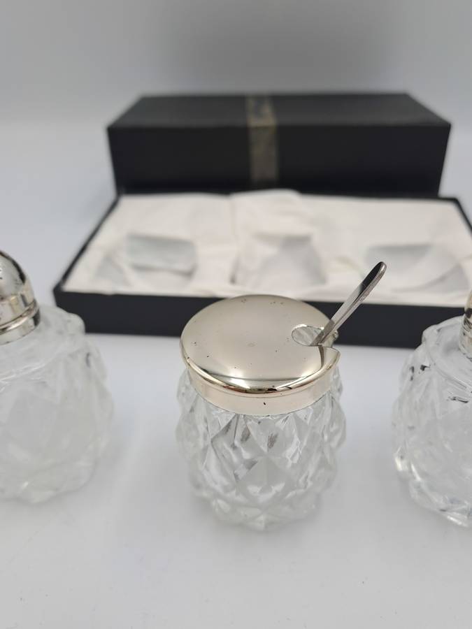 Vintage four Piece Glass and Silver Plate Condiment set- Salt -Pepper -Mustard set-Boxed