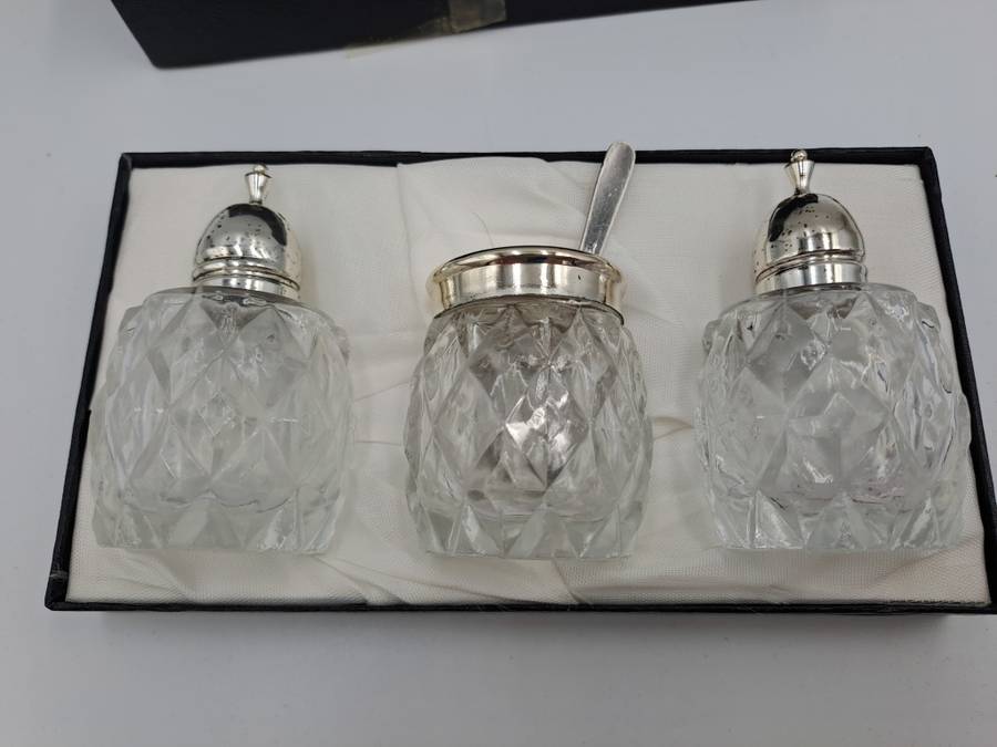Vintage four Piece Glass and Silver Plate Condiment set- Salt -Pepper -Mustard set-Boxed