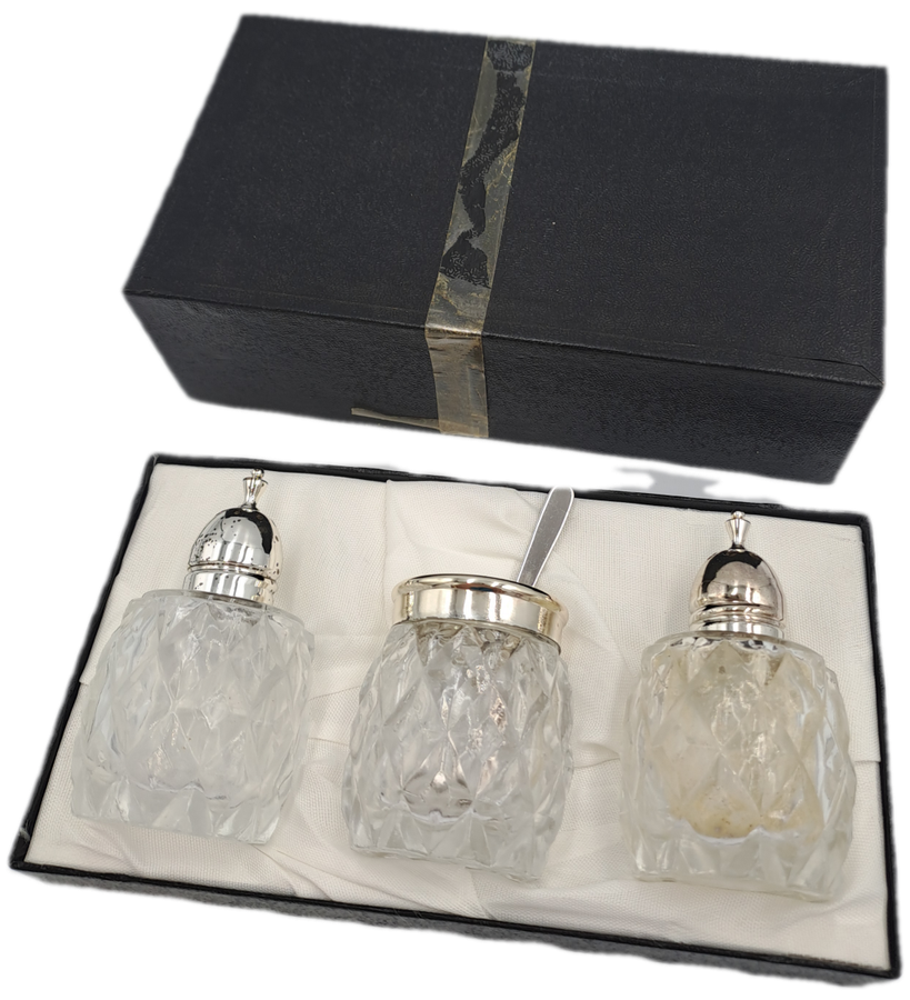 Vintage four Piece Glass and Silver Plate Condiment set- Salt -Pepper -Mustard set-Boxed