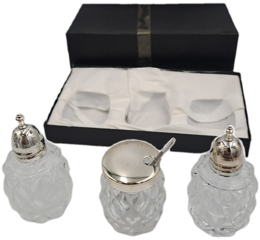 Vintage four Piece Glass and Silver Plate Condiment set- Salt -Pepper -Mustard set-Boxed