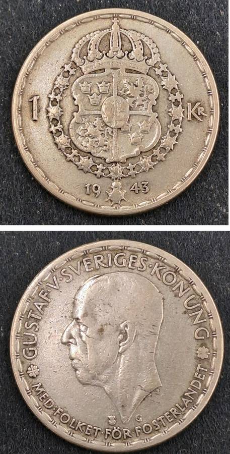 1943 Sweden (Silver .400) 1 Krona - Gustaf V
