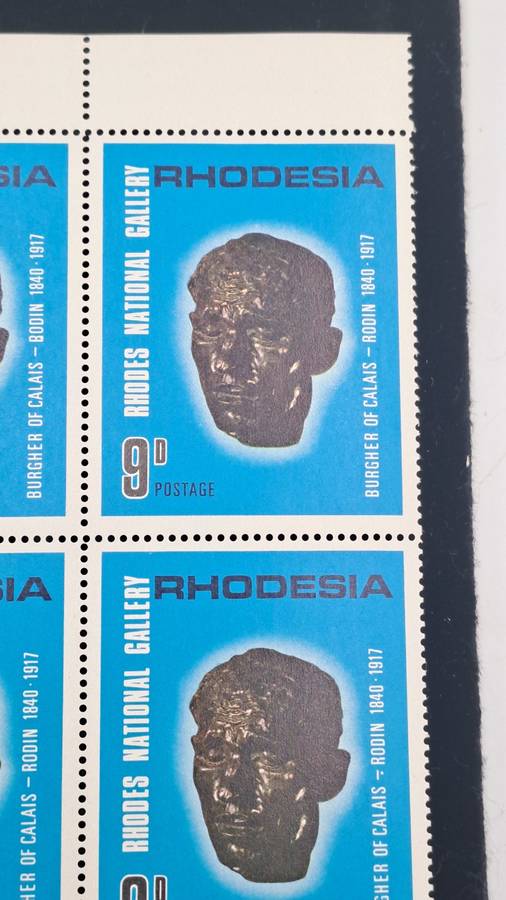 Rhodesia 1967 10th Anniversary Rhodes National Gallery 9d-Block of 4 - One has dot below the hyphen