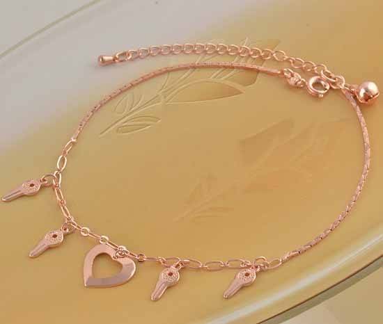 Classic 9K Rose GF Key & Heart Charms Anklet or Bracelet,Z840