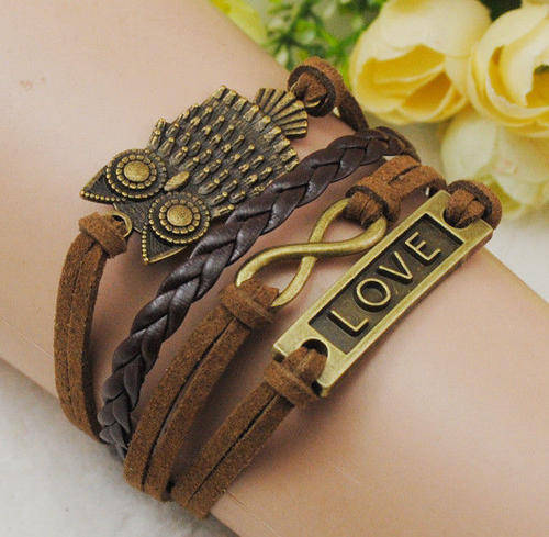 Infinity Owl Love Friendship Antique Bronze Leather Cute Charm Bracelet (141853363)