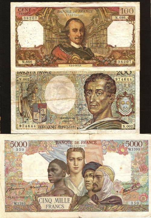 France - Lot of 3 bank notes (with the RARE 1945 5000 Francs note)