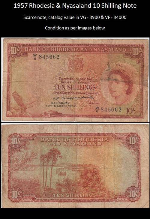 Scarce 1957 Rhodesia & Nyasaland 10 Shillings Bank Note