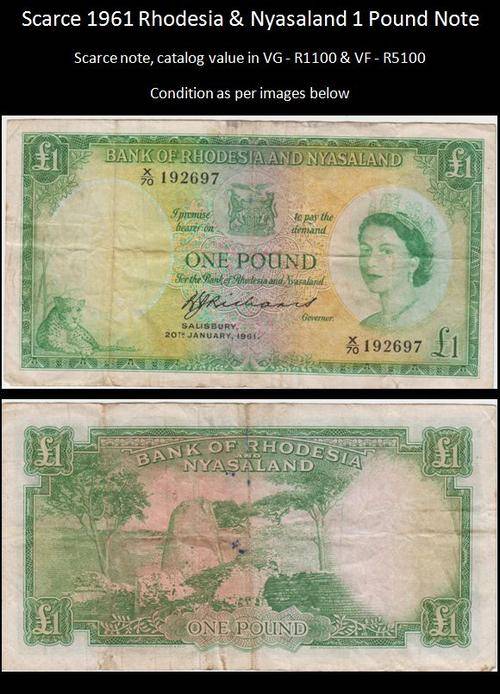 Scarce 1961 Rhodesia & Nyasaland 1 Pound Bank Note