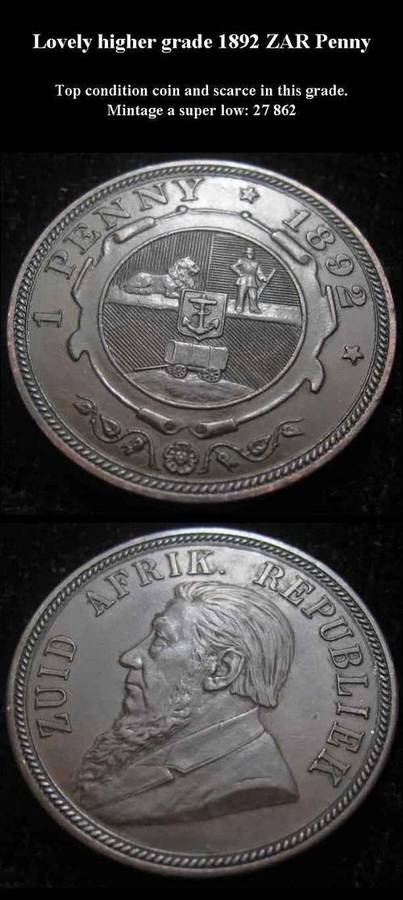RARE HIGHER GRADE 1892 ZAR PENNY - MINTAGE 27862