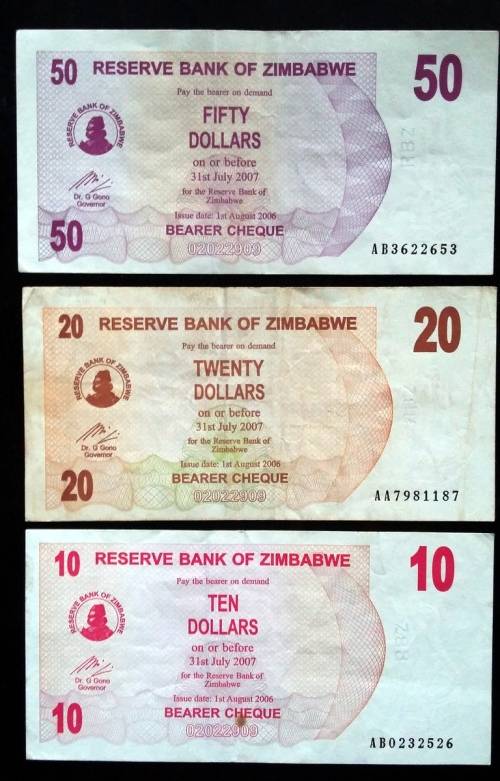 ZIMBABWE 2006 10 + 20 + 50 DOLLARS (3 NOTES)
