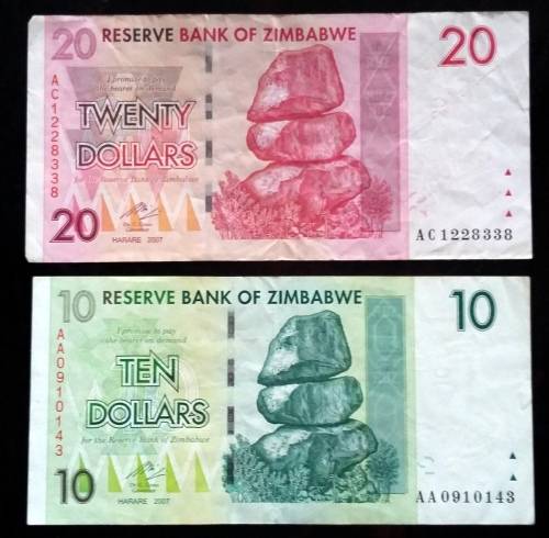 ZIMBABWE 2007 10 + 20 DOLLARS (2 NOTES)