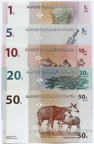 CONGO 1997 UNC 1 + 5 + 10 + 20 + 50 CENTS (5 NOTES)