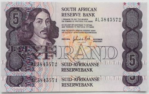 G P C DE KOCK 1989  5  RAND UNC 3RD ISSUE (2 NOTES SEQUENCE)