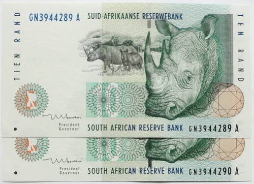T MBOWENI 1999 1ST ISSUE 10 RAND UNC 2 NOTES SEQUENCE