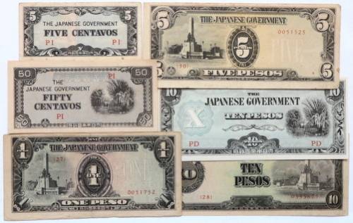 WW11 JAPANESE GOVERNMENT 5 CENTAVOS TO 10 PESOS (6 NOTES)