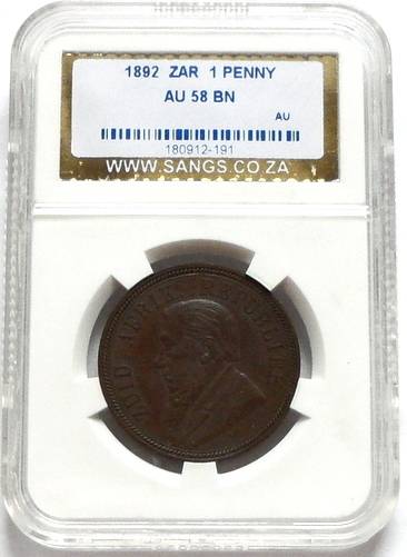 ZAR 1892 PENNY SANGS AU58 BN AU