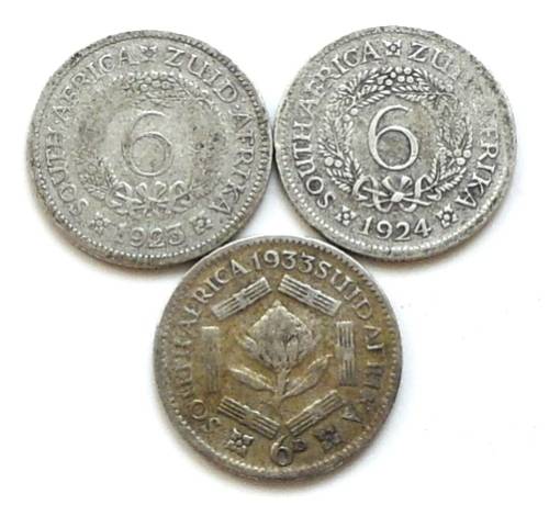UNION SILVER 6 PENCE 1923 + 1924 + 1933 (3 COINS)