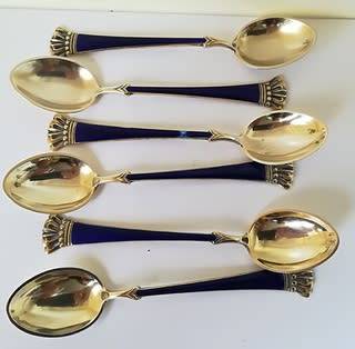 DENMARK STERLING SILVER AND ENAMEL GILT SET 6 DEMITASSE SPOONS 95 MM 55.2 GRAMS NICK ON ENAMEL