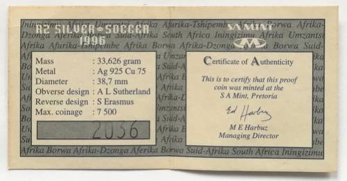1996 2 RAND 1 OUNCE **SILVER** PROOF COIN "AFRICAN CUP OF NATIONS"
