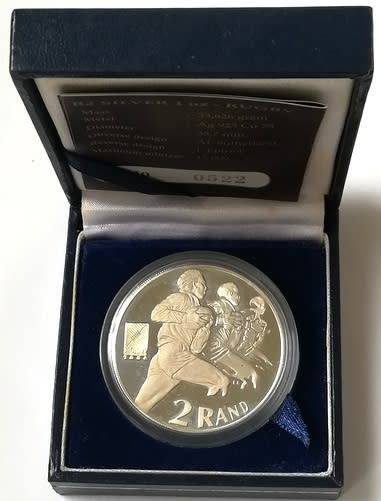 1995 2 RAND 1 OUNCE **SILVER** PROOF COIN "RUGBY"