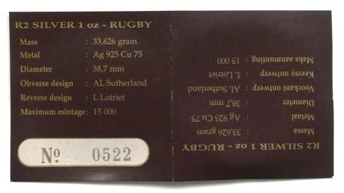 1995 2 RAND 1 OUNCE **SILVER** PROOF COIN "RUGBY"