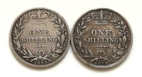 GREAT BRITAIN 1885 + 1887 SILVER SHILLING (2 COINS)