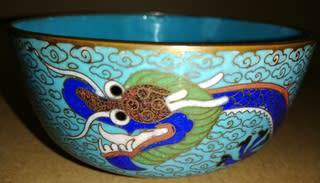 ANTIQUE CHINESE CLOISONNE DRAGON + PEARL BOWL 110X55MM- SOME SMALL NIKS AT TAIL OF DRAGON