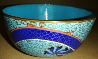 ANTIQUE CHINESE CLOISONNE DRAGON + PEARL BOWL 110X55MM- SOME SMALL NIKS AT TAIL OF DRAGON