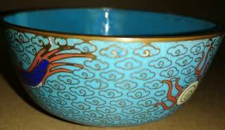ANTIQUE CHINESE CLOISONNE DRAGON + PEARL BOWL 110X55MM- SOME SMALL NIKS AT TAIL OF DRAGON