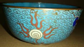 ANTIQUE CHINESE CLOISONNE DRAGON + PEARL BOWL 110X55MM- SOME SMALL NIKS AT TAIL OF DRAGON