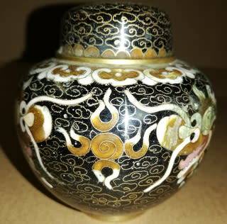 VINTAGE CHINESE CLOISONNE DRAGON + PEARL GINGER JAR AND LID 80X80MM - SOME NIKS SEE PHOTOS