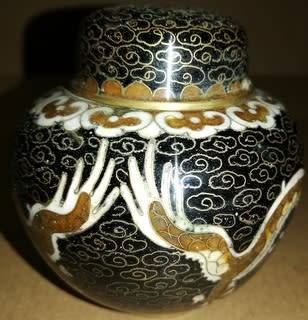 VINTAGE CHINESE CLOISONNE DRAGON + PEARL GINGER JAR AND LID 80X80MM - SOME NIKS SEE PHOTOS