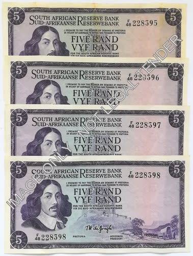 T W DE JONGH 5 RAND 1ST ISSUE 4 NOTES SEQUENCE **BID PER NOTE**