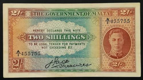 MALTA 2 SHILLINGS NOTE 1943