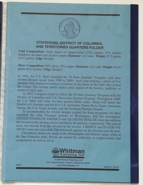 STATEHOOD QUARTERS FOLDER COMPLETE SET 1999-2009 MISSING 1