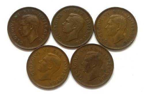 UNION 1940 TO 1944 HALF  PENNY ALL DATES (5 COINS)