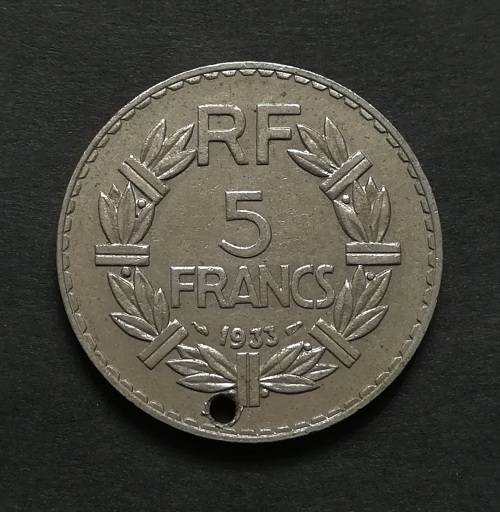 FRANCE 1933 5 FRANCS NICKEL **HOLE**