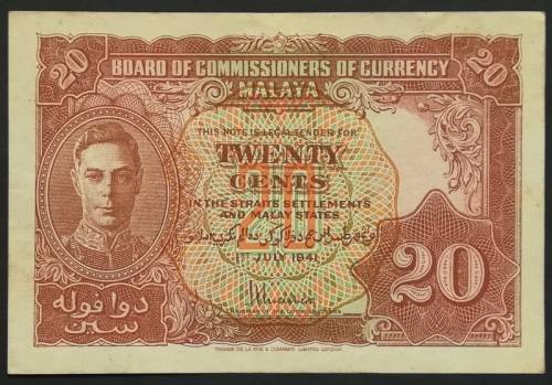 **RARE** 1941 MALAYA STRAITS SETTLEMENTS 20 CENTS GEORGE V1 BANKNOTE