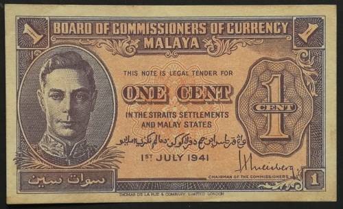 **RARE** 1941 MALAYA STRAITS SETTLEMENTS 1 CENTS GEORGE V1 BANKNOTE