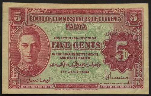 **RARE** 1941 MALAYA STRAITS SETTLEMENTS 5 CENTS GEORGE V1 BANKNOTE