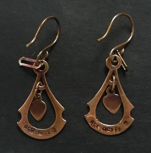 9CT GOLD DROP EARRINGS WITH HEARTS 24 X  14MM 0.72 GRAMS
