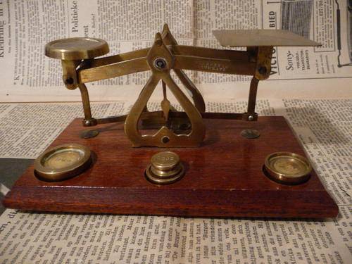 Antique Postal Scale with Brass Weights, Complete, Warranted Accurate - Made in England