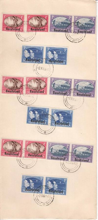 SACC 29-31 Basutoland - pairs of 1945 on cover 3 sets - 1 set with barbed wire variety - as per scan